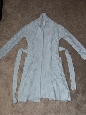 Softies Light Blue Ribbed Long Open Cardigan with Belt and Pockets